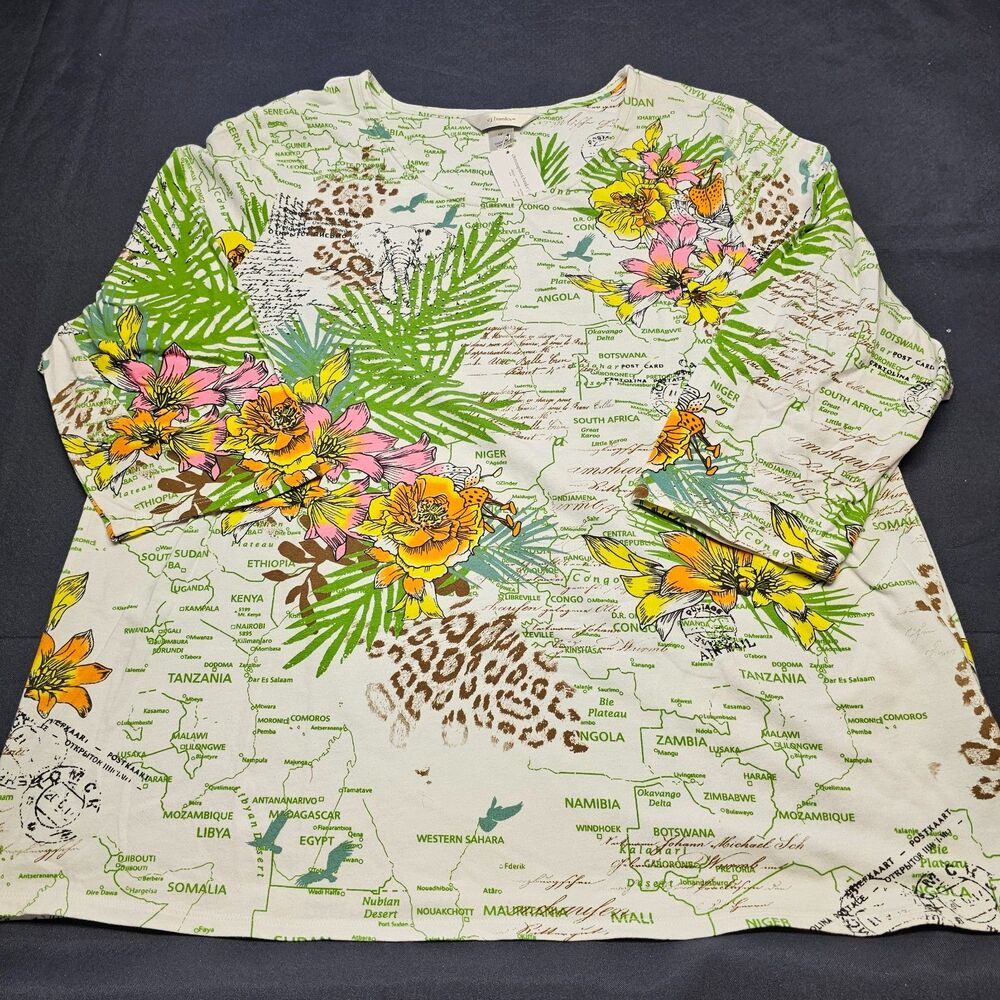 NWT CJ Banks Plus Size 1X Women's 3/4 Sleeve Shirt Floral Tropical Africa